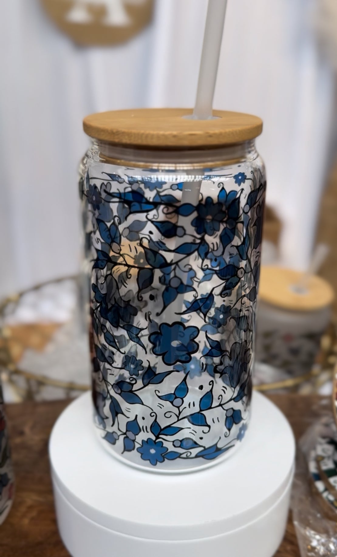 Khalili Hebron Palestinian Glass Mug Cup Tumbler Can Floral Blue Color Design