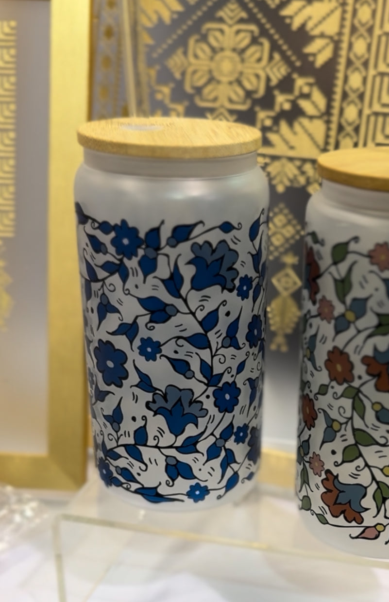 Khalili Hebron Palestinian Glass Mug Cup Tumbler Can Floral Blue Color Design