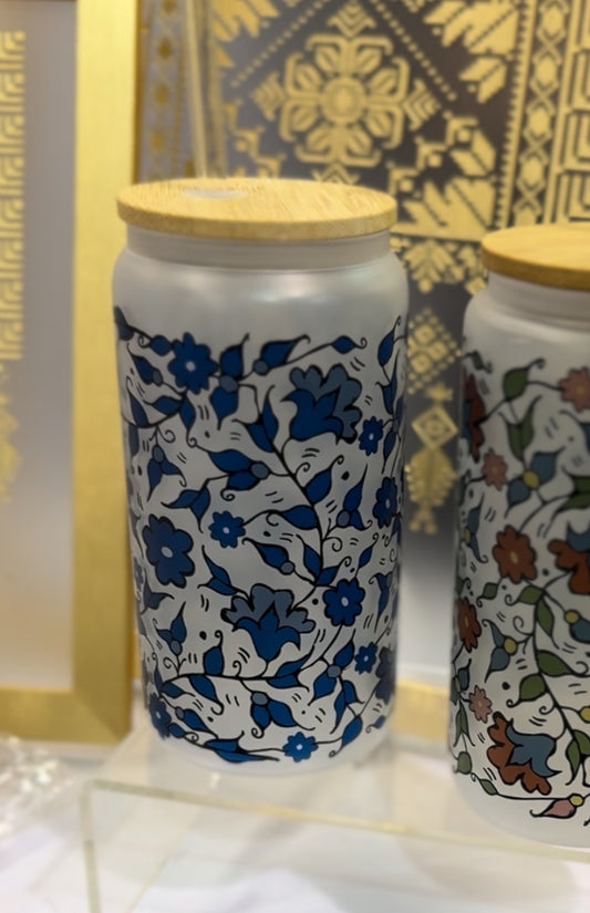Khalili Hebron Palestinian Glass Mug Cup Tumbler Can Floral Blue Color Design
