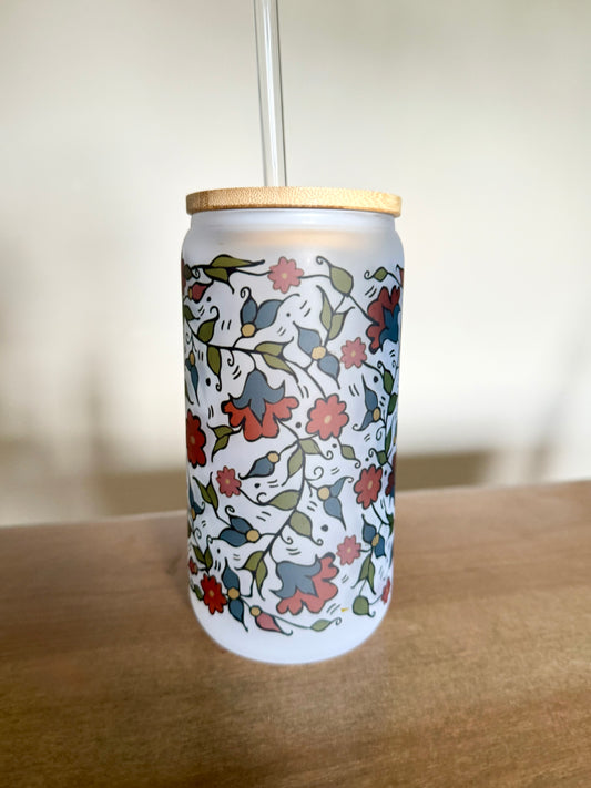 Khalili Hebron Palestinian Frosted Glass Mug Cup Tumbler Can Floral Color