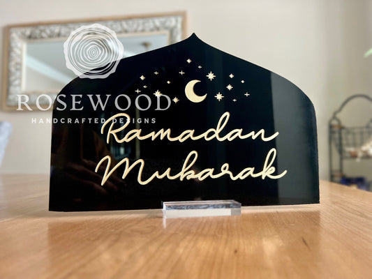 Engraved Ramadan Mubarak Table Sign Solid Black/Gold Ramadan Decor