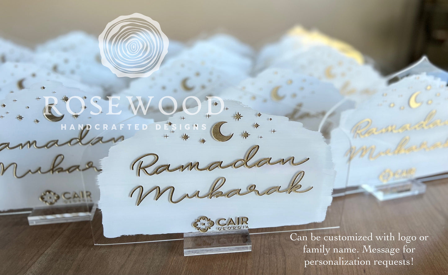 Engraved Ramadan Mubarak Table Sign White/Gold Ramadan Decor