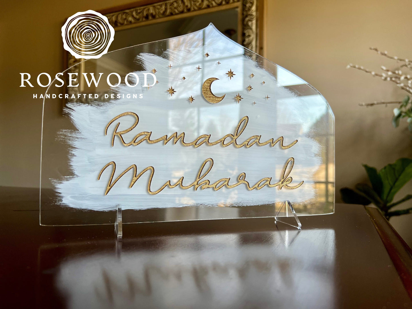 Engraved Ramadan Mubarak Table Sign White/Gold Ramadan Decor