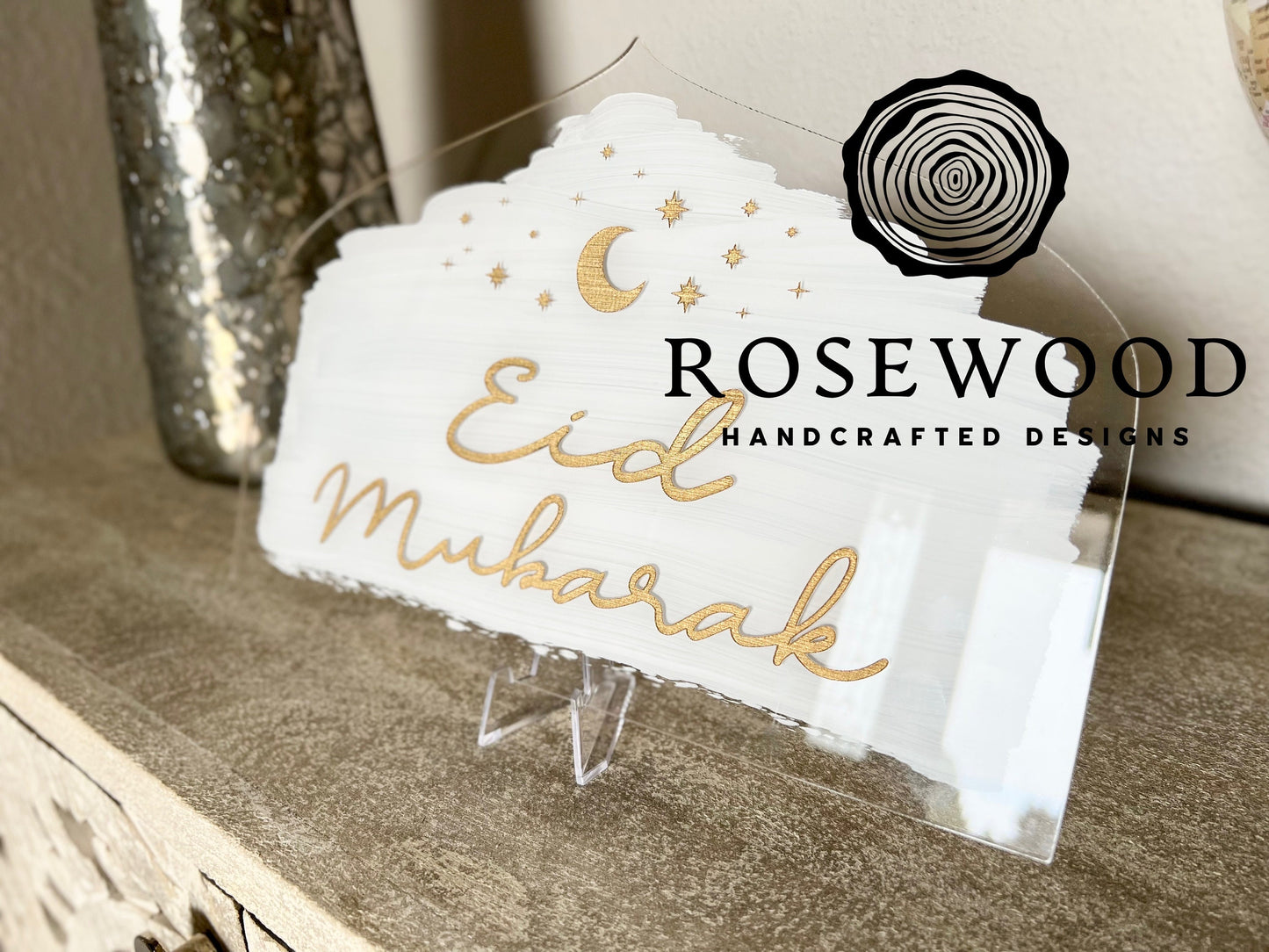 Engraved Eid Mubarak Table Sign White/Gold Ramadan Decor