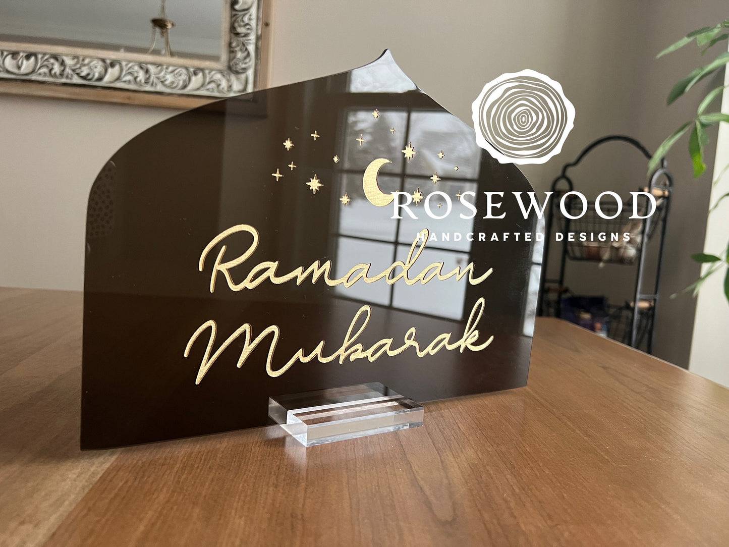 Engraved Ramadan Mubarak Table Sign Translucent Gold Ramadan Decor