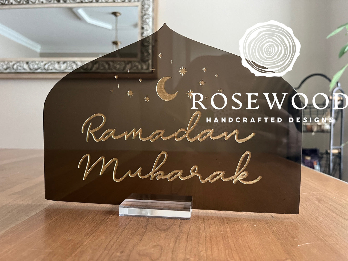 Engraved Ramadan Mubarak Table Sign Translucent Gold Ramadan Decor