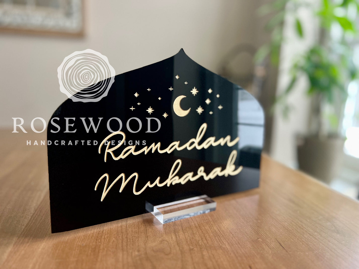 Engraved Ramadan Mubarak Table Sign Solid Black/Gold Ramadan Decor