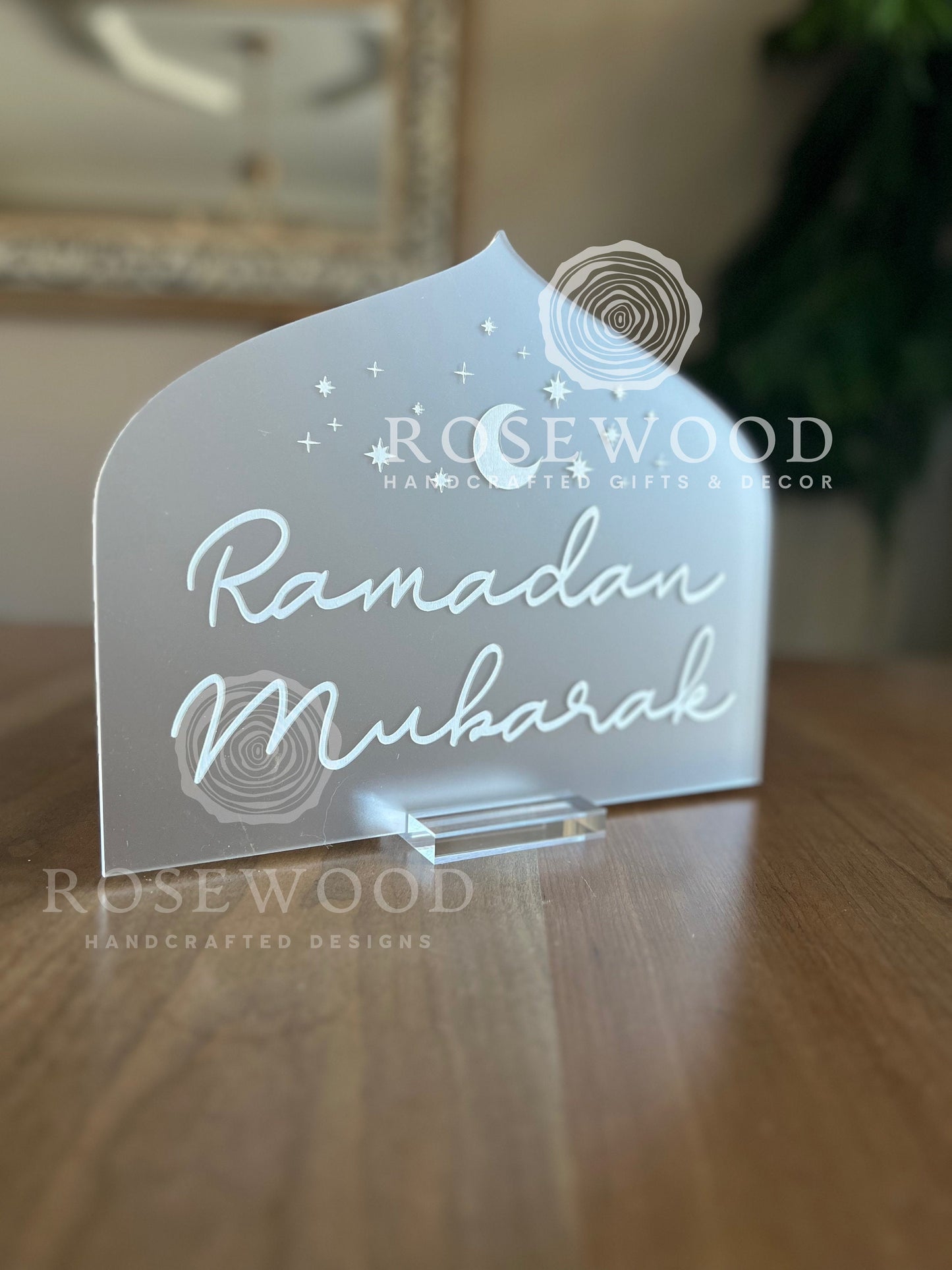 Engraved Ramadan Mubarak Table Sign White/Gold Ramadan Decor