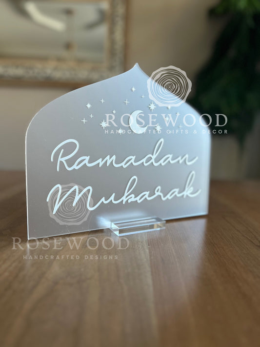 Engraved Ramadan Mubarak Table Sign FROSTED WHITE Ramadan Decor Acrylic