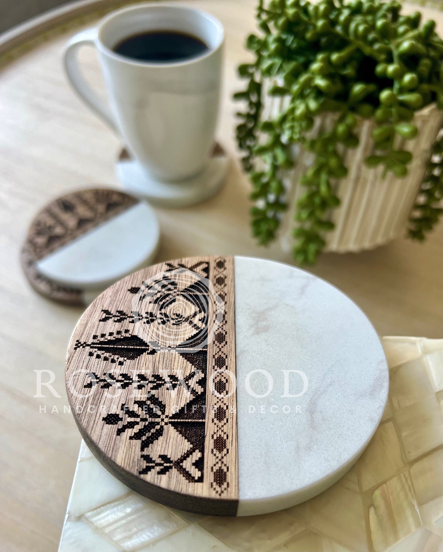 Tatreez Engraved Coasters Set of 4- Palestinian Home Decor