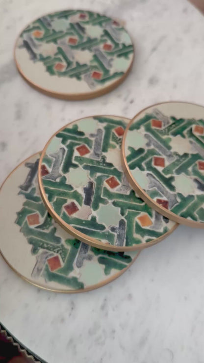 Antique Mosaic Moroccan Tile Ceramic Coasters Set of 4 Palestinian Home Decor Gifts